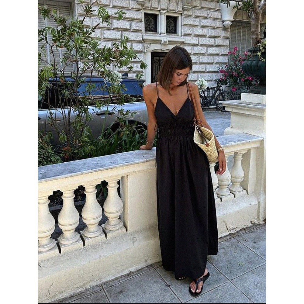 Commense Backless Drawstring Cami Long‎ Dress Bla… - image 4